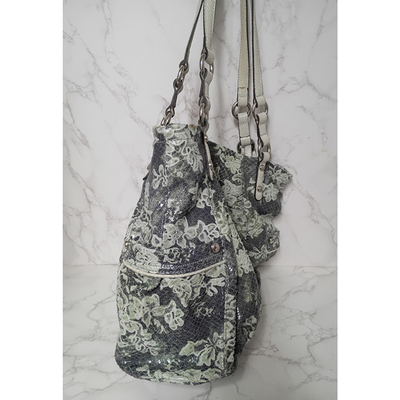 B Makowsky Large Leather Gray/Green/Lace Design Tote Bag - EUC - Picture 4 of 8